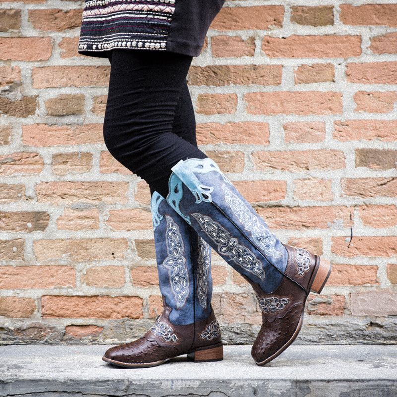 Bottes De Cowboy Mi-mollet Brodées De Fleurs Rétro Pour Femmes De Grande Taille