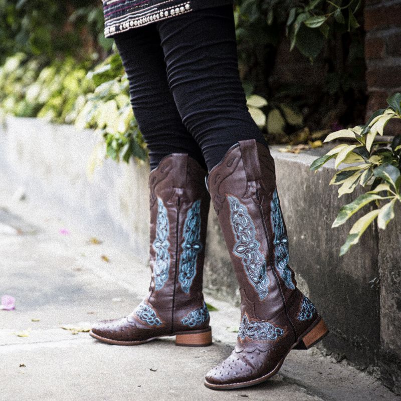 Bottes De Cowboy Mi-mollet Brodées De Fleurs Rétro Pour Femmes De Grande Taille