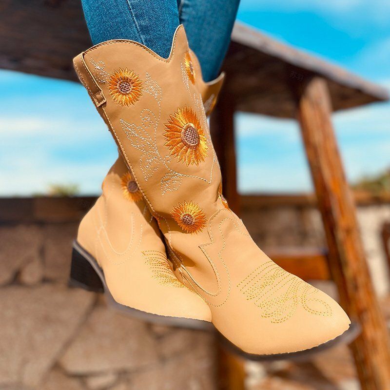 Bottes De Cowboy Mi-mollet Brodées De Grandes Tailles Pour Femmes À Talons Épais Et Bout Pointu