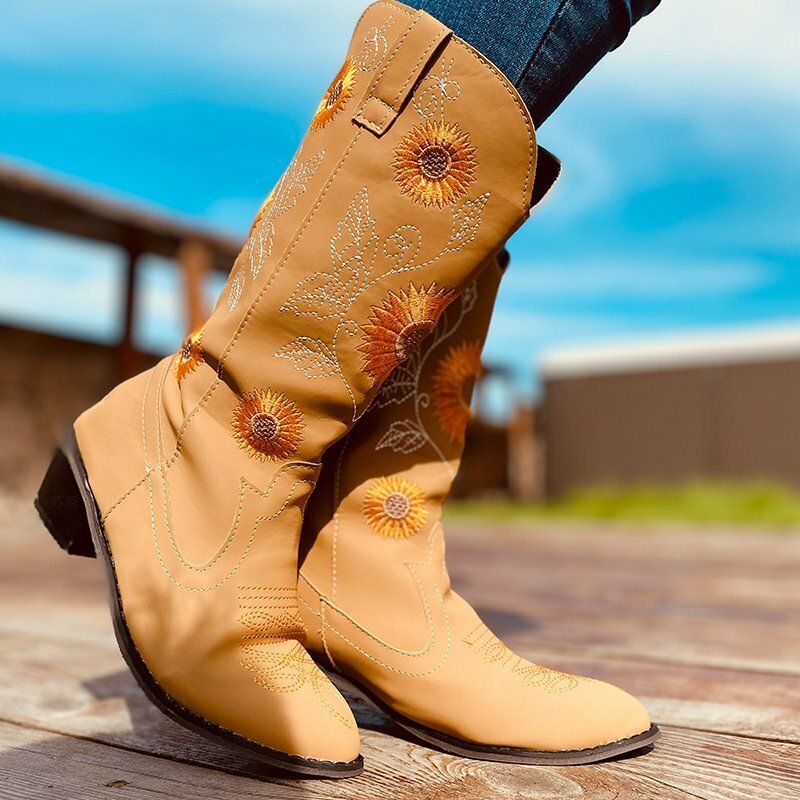 Bottes De Cowboy Mi-mollet Brodées De Grandes Tailles Pour Femmes À Talons Épais Et Bout Pointu