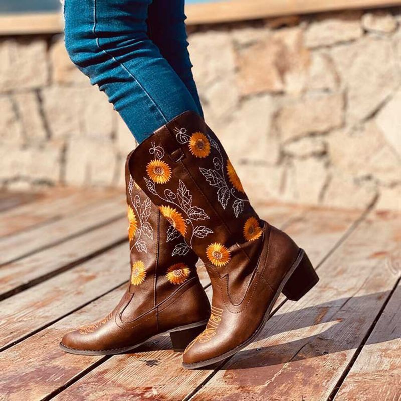 Bottes De Cowboy Mi-mollet Brodées De Grandes Tailles Pour Femmes À Talons Épais Et Bout Pointu