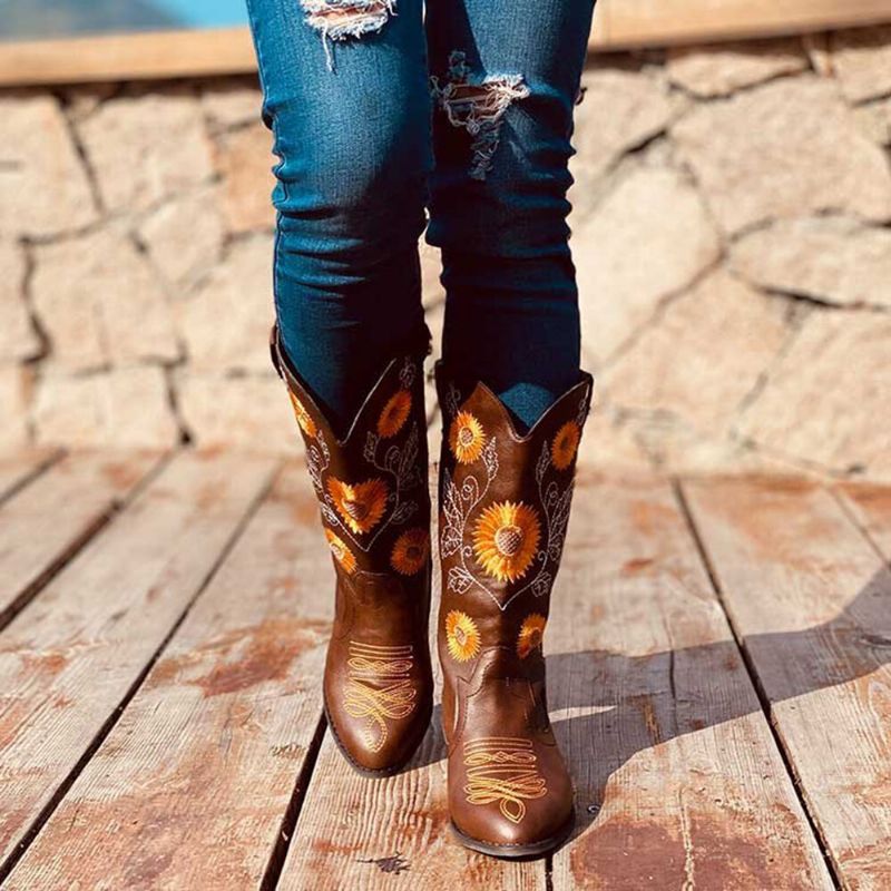 Bottes De Cowboy Mi-mollet Brodées De Grandes Tailles Pour Femmes À Talons Épais Et Bout Pointu