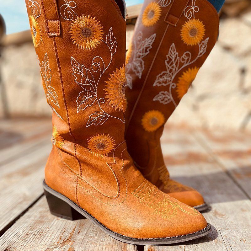 Bottes De Cowboy Mi-mollet Brodées De Grandes Tailles Pour Femmes À Talons Épais Et Bout Pointu