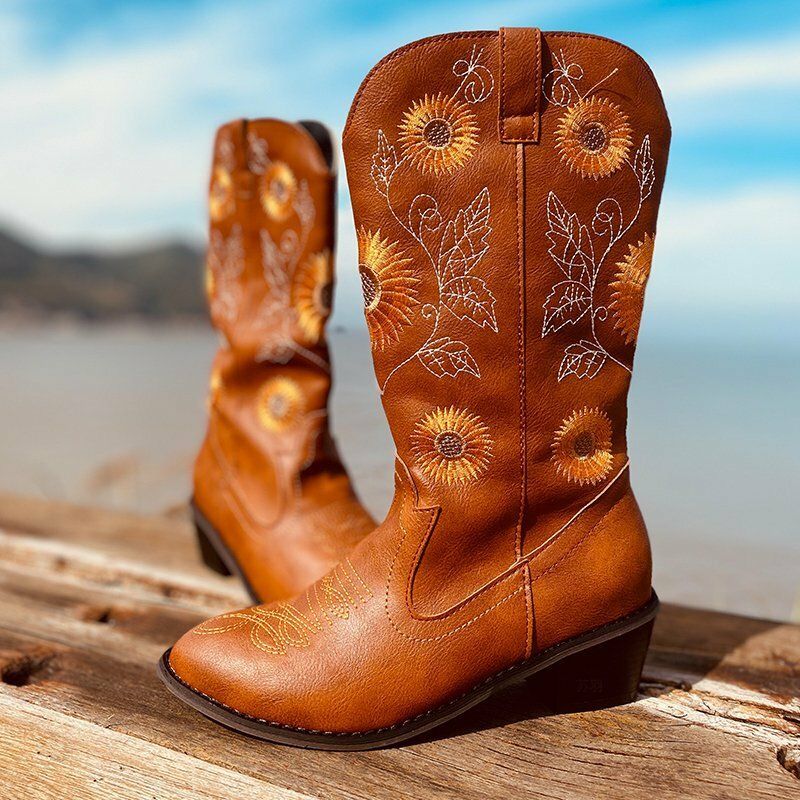 Bottes De Cowboy Mi-mollet Brodées De Grandes Tailles Pour Femmes À Talons Épais Et Bout Pointu