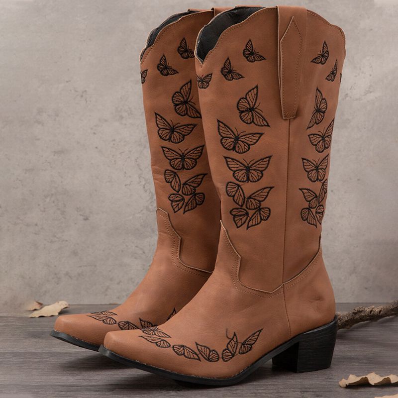 Bottes De Cowboy Mi-mollet Brodées De Papillons Rétro Pour Femmes De Grande Taille