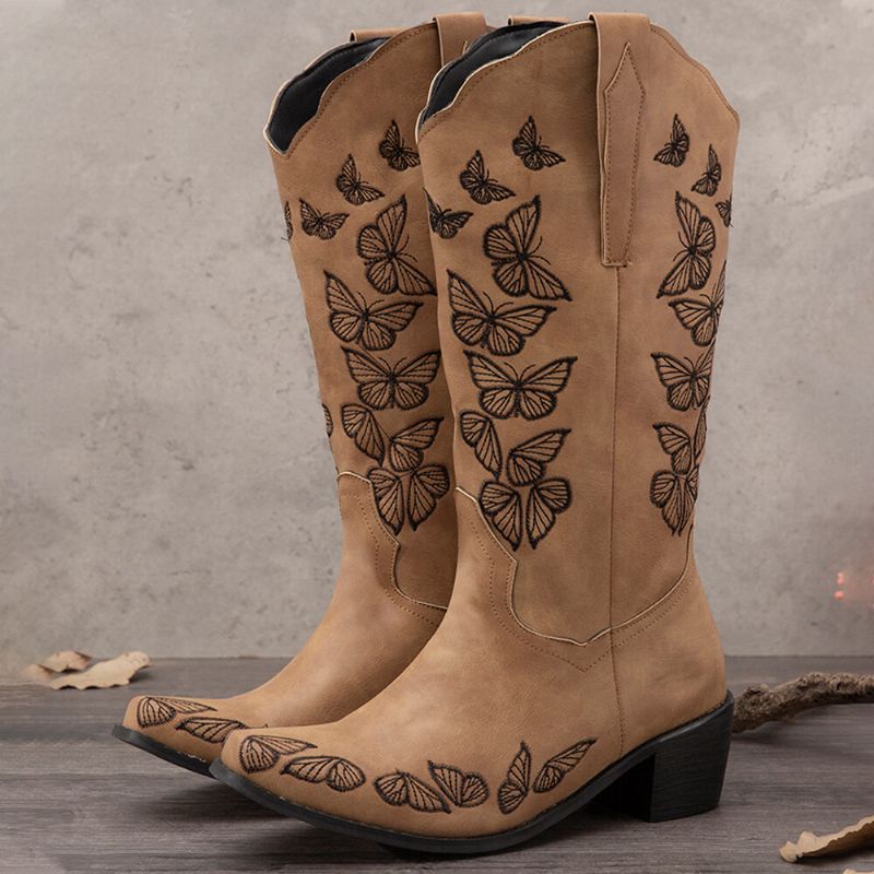 Bottes De Cowboy Mi-mollet Brodées De Papillons Rétro Pour Femmes De Grande Taille