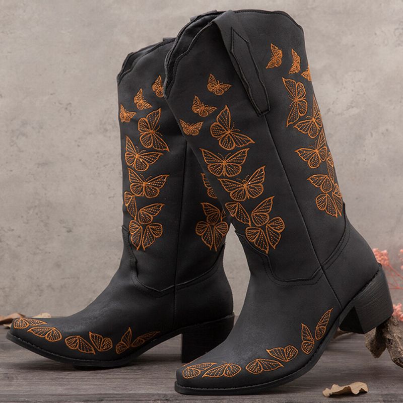 Bottes De Cowboy Mi-mollet Brodées De Papillons Rétro Pour Femmes De Grande Taille