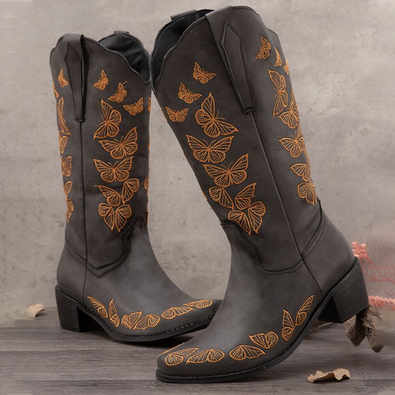 Bottes De Cowboy Mi-mollet Brodées De Papillons Rétro Pour Femmes De Grande Taille