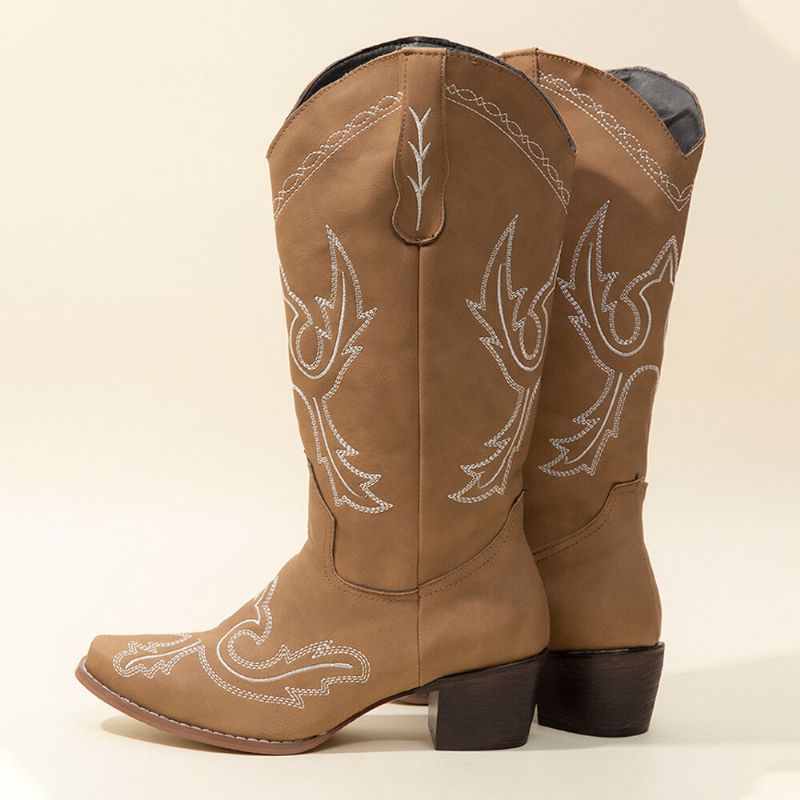 Bottes De Cowboy Mi-mollet Brodées Rétro Pour Femmes De Grande Taille