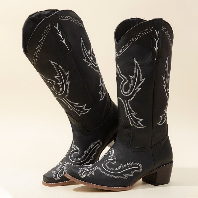 Bottes De Cowboy Mi-mollet Brodées Rétro Pour Femmes De Grande Taille