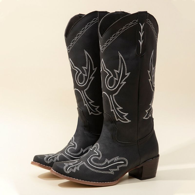 Bottes De Cowboy Mi-mollet Brodées Rétro Pour Femmes De Grande Taille