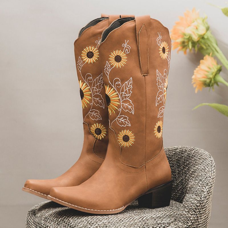 Bottes De Cowboy Mi-mollet Brodées De Tournesol Rétro Pour Femmes De Grande Taille