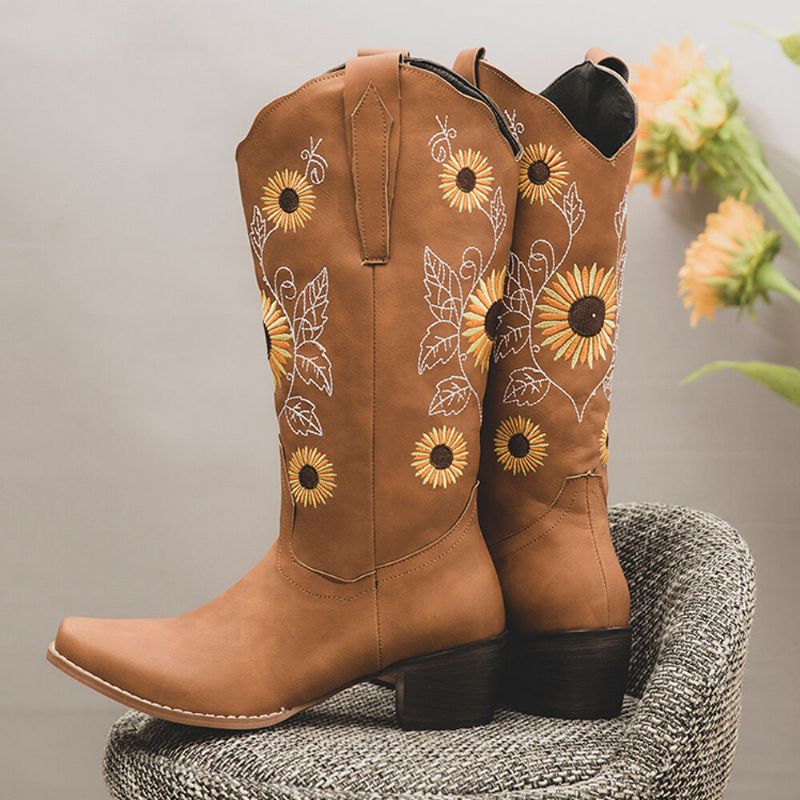 Bottes De Cowboy Mi-mollet Brodées De Tournesol Rétro Pour Femmes De Grande Taille