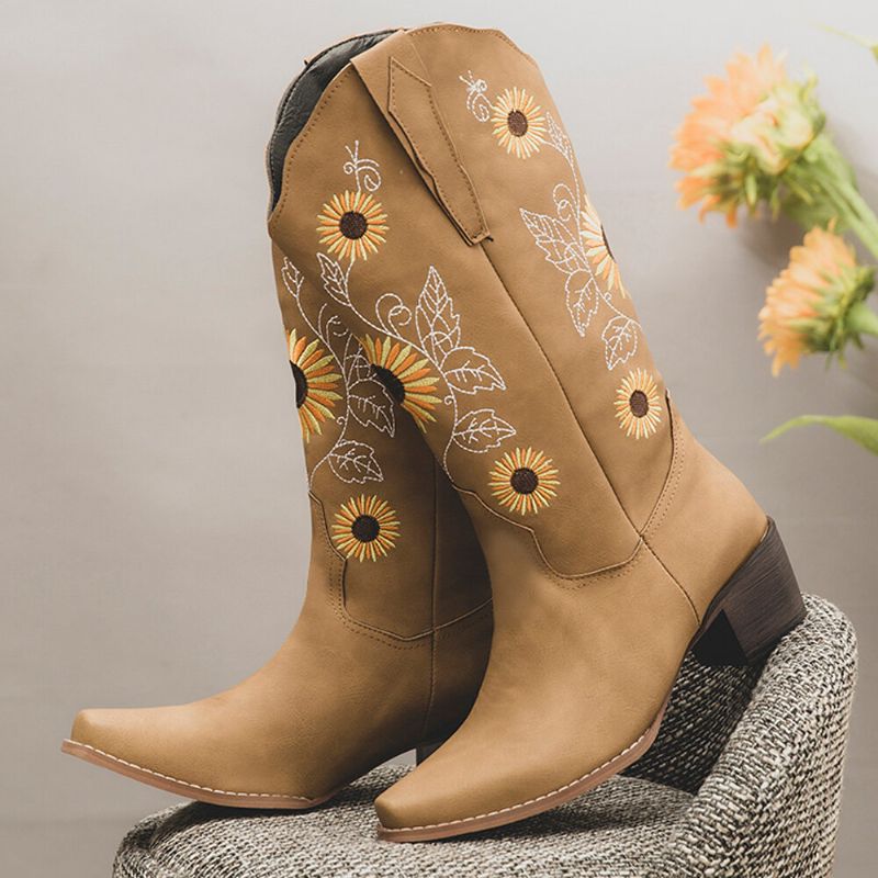 Bottes De Cowboy Mi-mollet Brodées De Tournesol Rétro Pour Femmes De Grande Taille