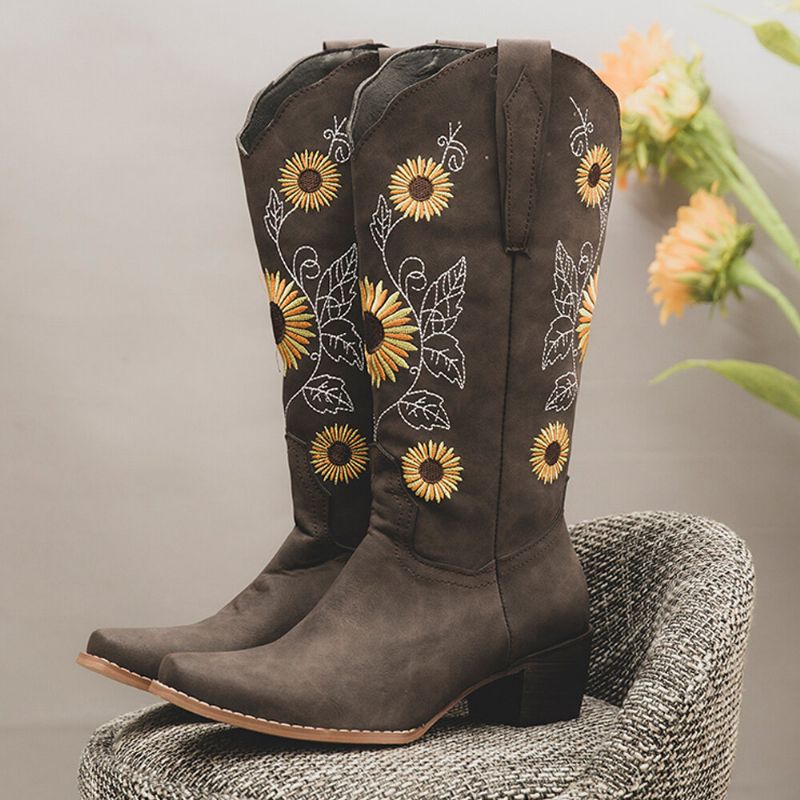 Bottes De Cowboy Mi-mollet Brodées De Tournesol Rétro Pour Femmes De Grande Taille