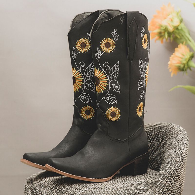 Bottes De Cowboy Mi-mollet Brodées De Tournesol Rétro Pour Femmes De Grande Taille