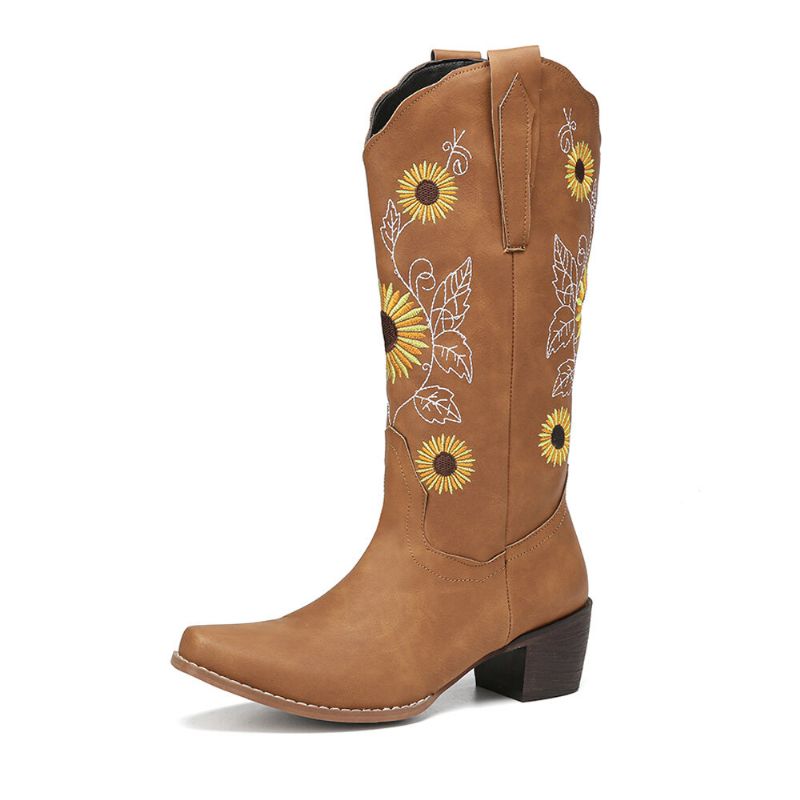 Bottes De Cowboy Mi-mollet Brodées De Tournesol Rétro Pour Femmes De Grande Taille