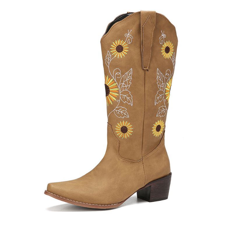 Bottes De Cowboy Mi-mollet Brodées De Tournesol Rétro Pour Femmes De Grande Taille