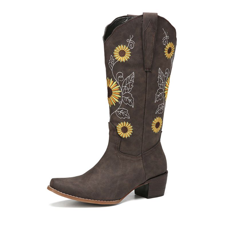 Bottes De Cowboy Mi-mollet Brodées De Tournesol Rétro Pour Femmes De Grande Taille