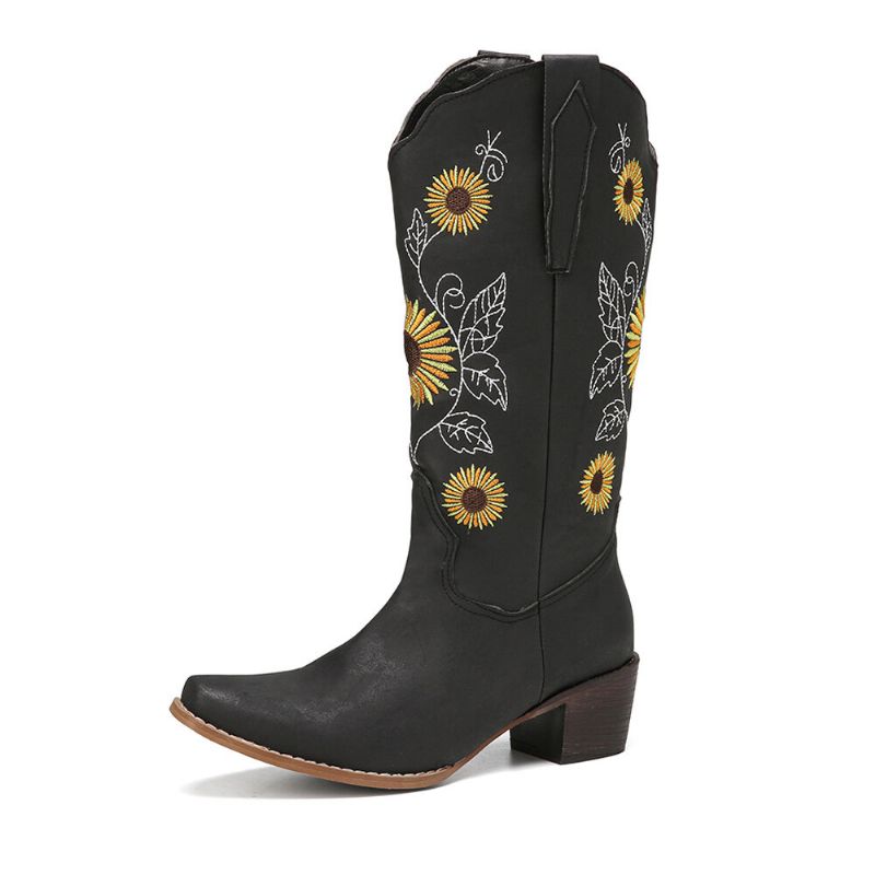 Bottes De Cowboy Mi-mollet Brodées De Tournesol Rétro Pour Femmes De Grande Taille