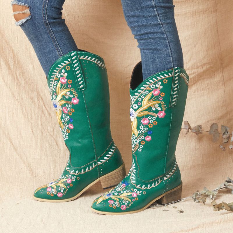 Bottes De Cowboy À Mi-mollet En Cuir Pour Femmes Avec Impression Florale Rétro