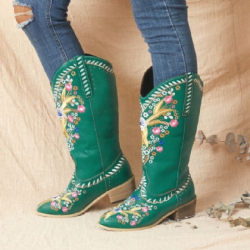 Bottes De Cowboy À Mi-mollet En Cuir Pour Femmes Avec Impression Florale Rétro