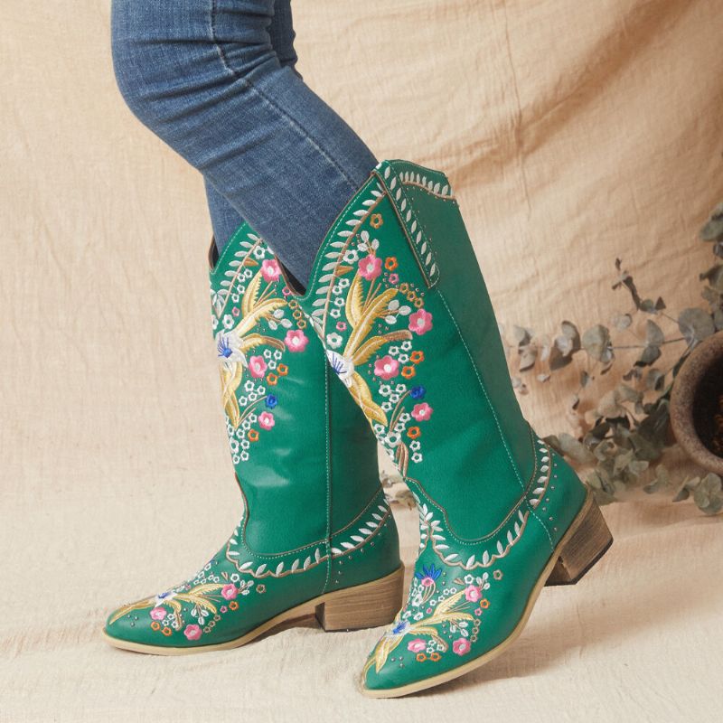 Bottes De Cowboy À Mi-mollet En Cuir Pour Femmes Avec Impression Florale Rétro