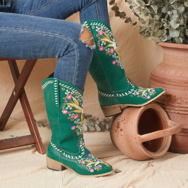 Bottes De Cowboy À Mi-mollet En Cuir Pour Femmes Avec Impression Florale Rétro