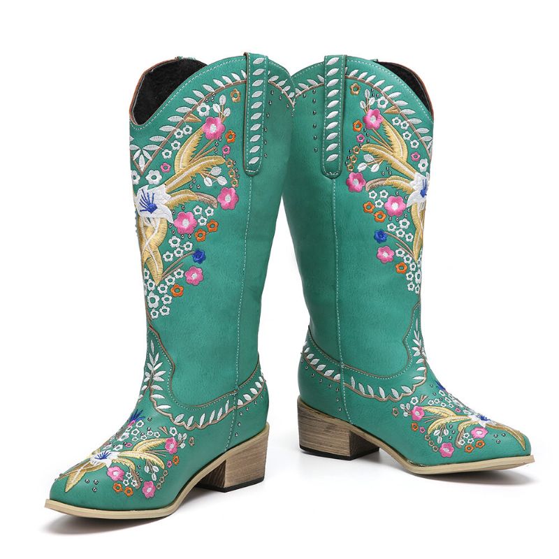 Bottes De Cowboy À Mi-mollet En Cuir Pour Femmes Avec Impression Florale Rétro