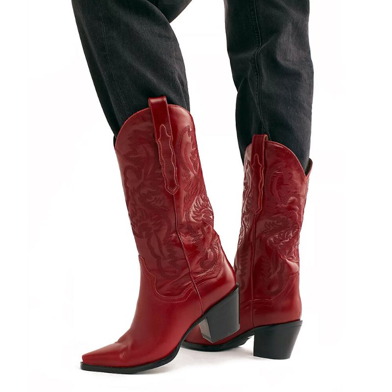 Bottes De Cowboy Mi-mollet À Fleurs Et Talons Épais Pour Femmes De Grande Taille