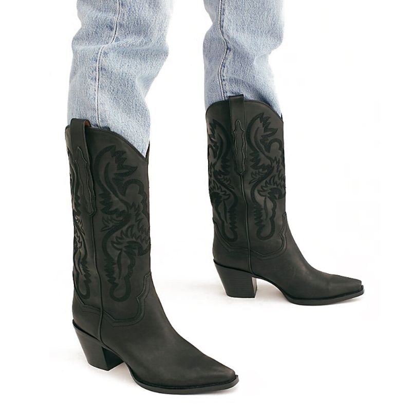 Bottes De Cowboy Mi-mollet À Fleurs Et Talons Épais Pour Femmes De Grande Taille