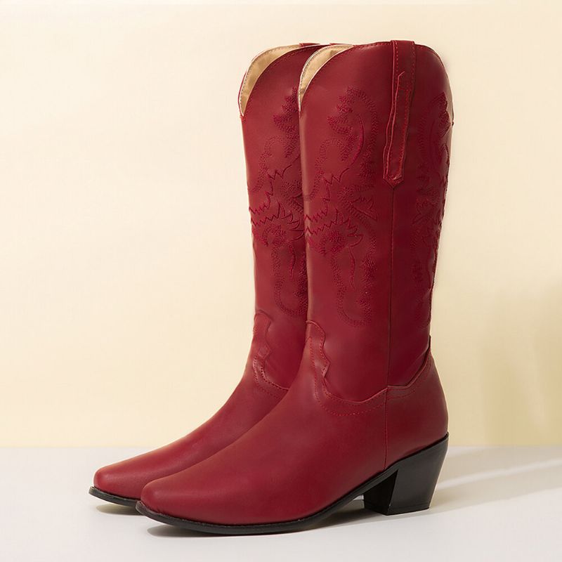 Bottes De Cowboy Mi-mollet À Fleurs Et Talons Épais Pour Femmes De Grande Taille