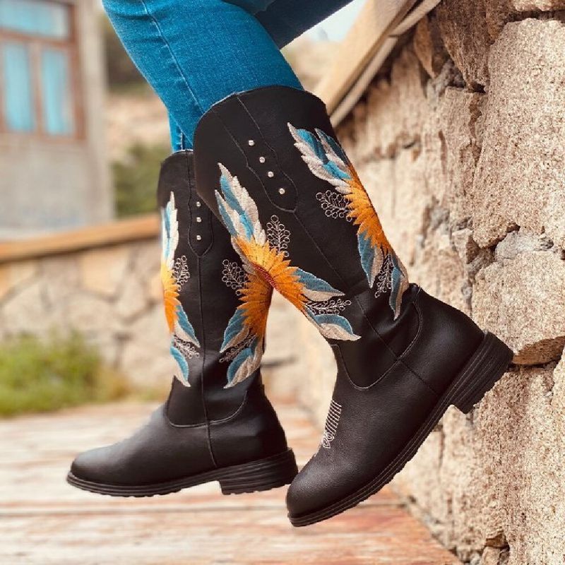 Bottes De Cowboy À Talon Bloc Doux Et Confortables Brodées De Tournesol Pour Femmes De Grande Taille