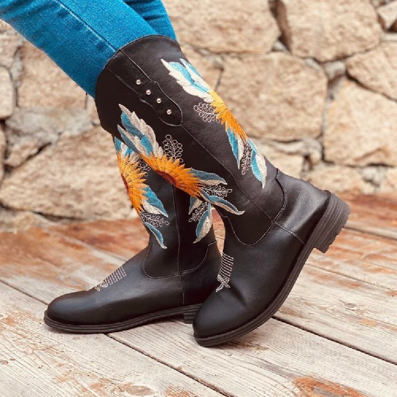 Bottes De Cowboy À Talon Bloc Doux Et Confortables Brodées De Tournesol Pour Femmes De Grande Taille