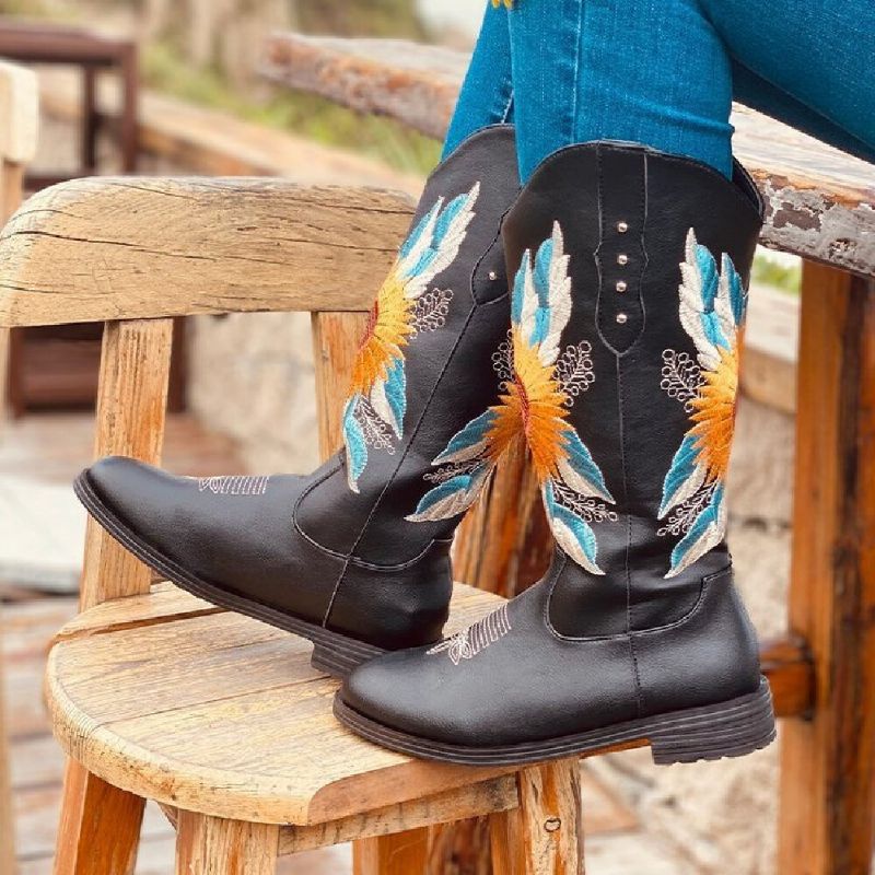 Bottes De Cowboy À Talon Bloc Doux Et Confortables Brodées De Tournesol Pour Femmes De Grande Taille