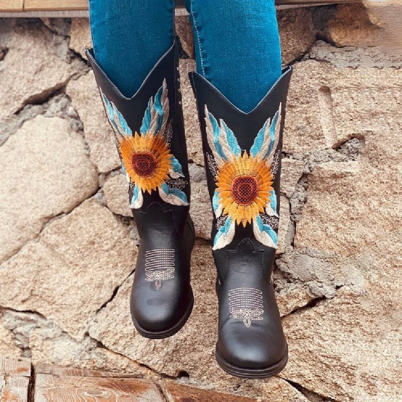 Bottes De Cowboy À Talon Bloc Doux Et Confortables Brodées De Tournesol Pour Femmes De Grande Taille