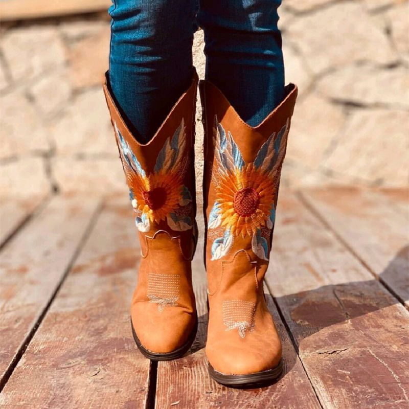 Bottes De Cowboy À Talon Bloc Doux Et Confortables Brodées De Tournesol Pour Femmes De Grande Taille