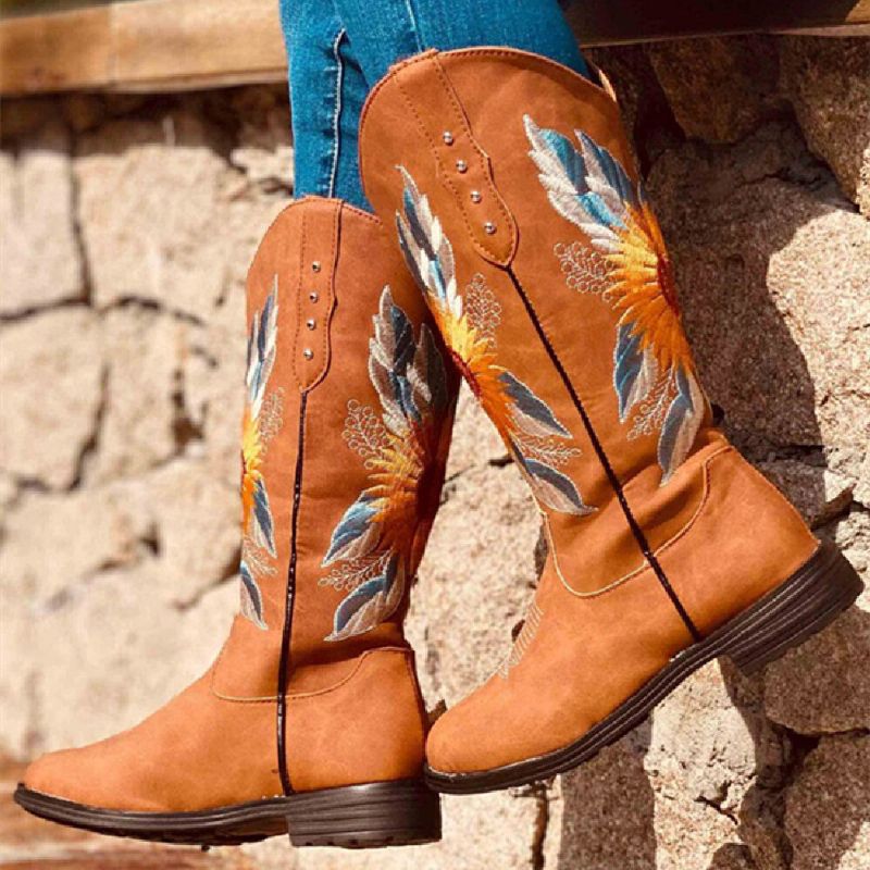 Bottes De Cowboy À Talon Bloc Doux Et Confortables Brodées De Tournesol Pour Femmes De Grande Taille