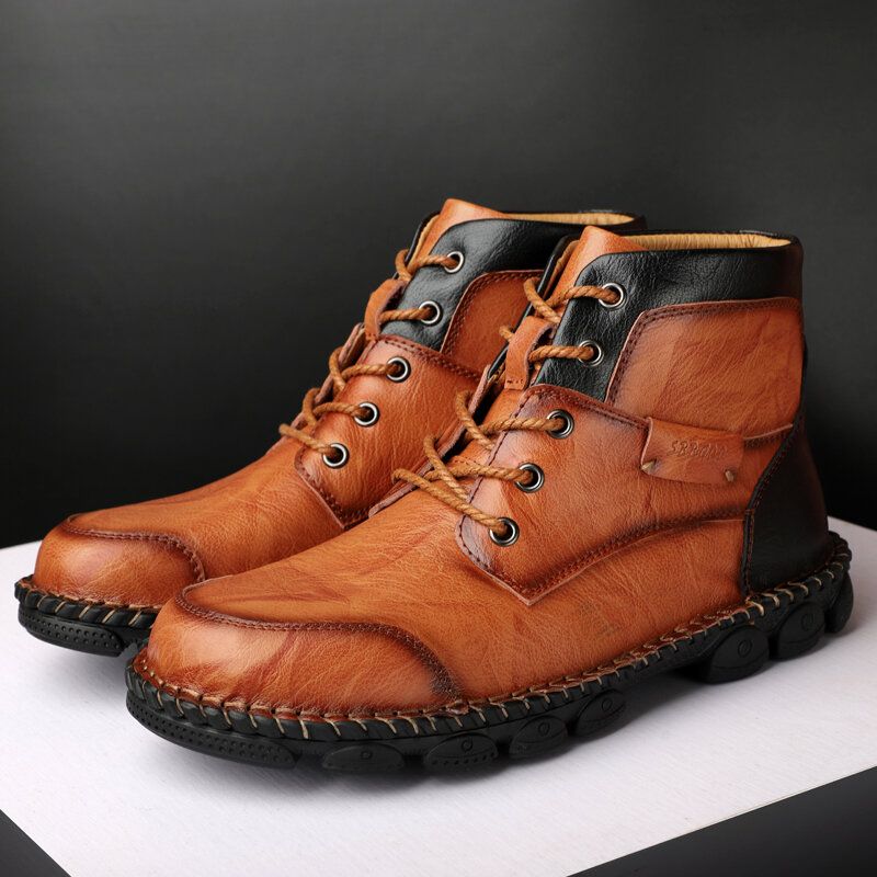 Bottes En Cuir Hautes Décontractées À Bout Rond Confortables Pour Hommes