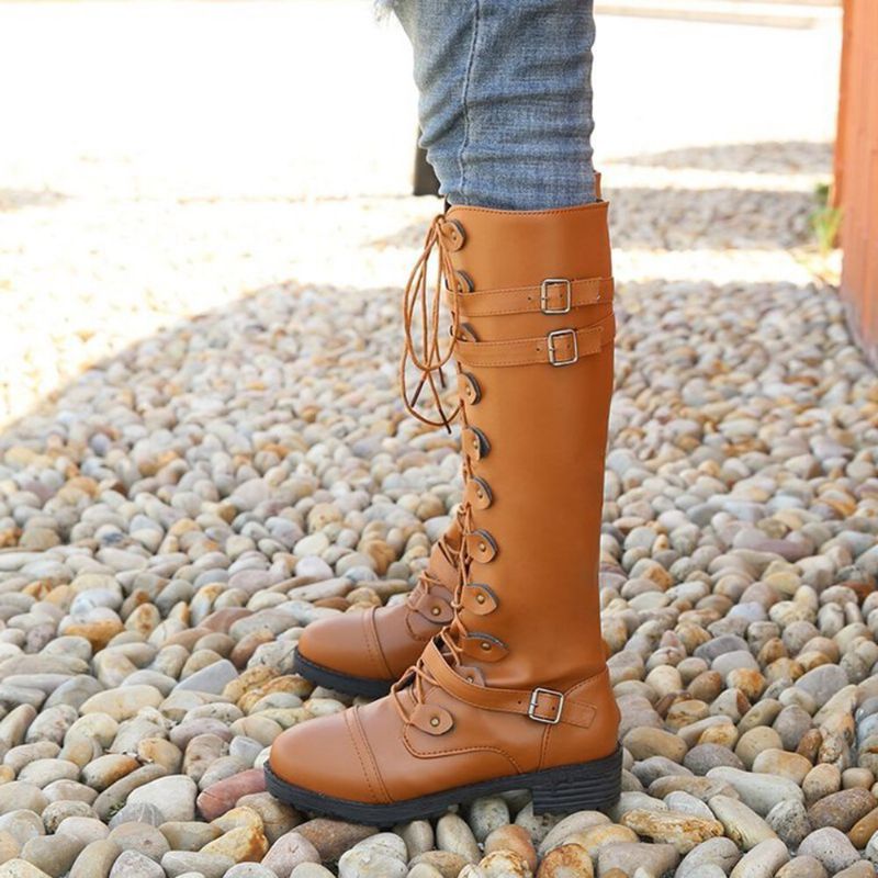 Bottes D'équitation Au Genou À Bout Rond Et Bride Croisée Pour Femmes