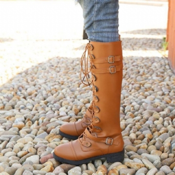 Bottes D'équitation Au Genou À Bout Rond Et Bride Croisée Pour Femmes