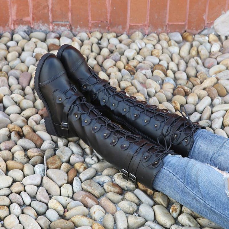 Bottes D'équitation Au Genou À Bout Rond Et Bride Croisée Pour Femmes