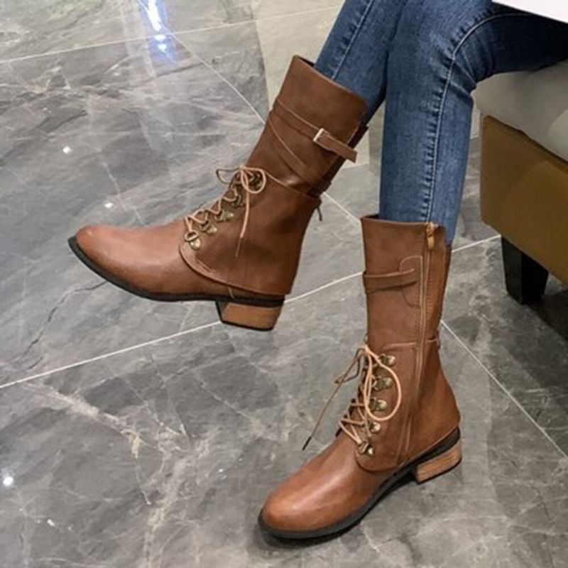 Bottes D'équitation En Cuir Décontractées Élégantes À Fermeture Éclair Latérale Nouées De Grande Taille Pour Femmes