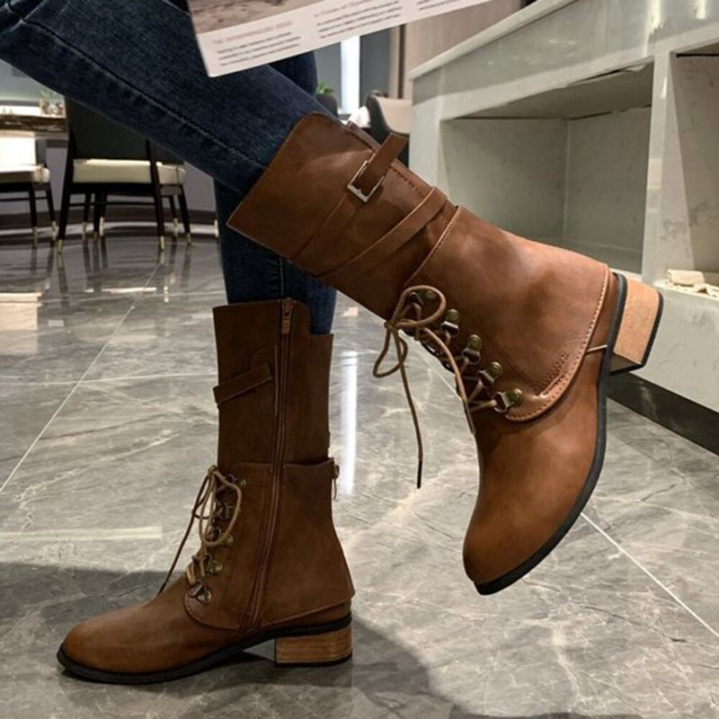 Bottes D'équitation En Cuir Décontractées Élégantes À Fermeture Éclair Latérale Nouées De Grande Taille Pour Femmes