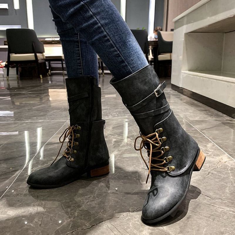 Bottes D'équitation En Cuir Décontractées Élégantes À Fermeture Éclair Latérale Nouées De Grande Taille Pour Femmes