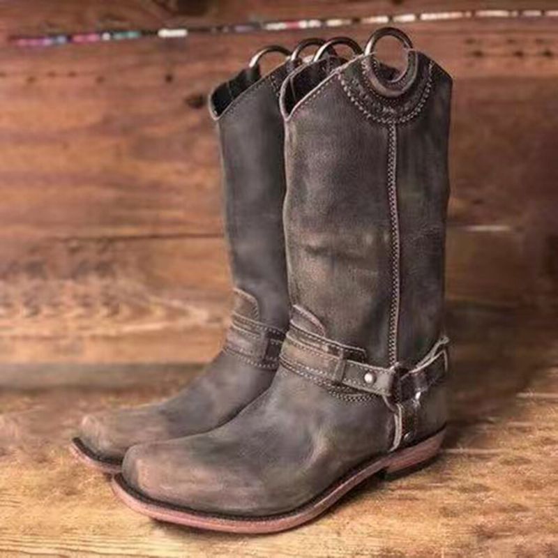 Bottes À Harnais Rétro À Bout Carré Pour Femmes