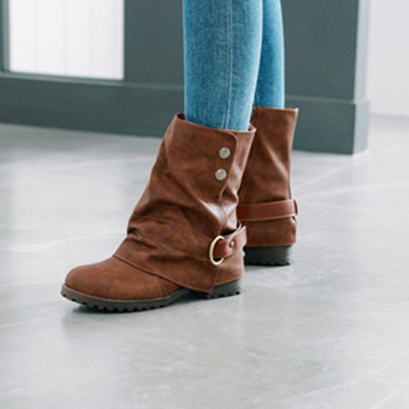 Bottes Mi-mollet À Bout Rond Et Boucle En Métal Pour Femme Grande Taille