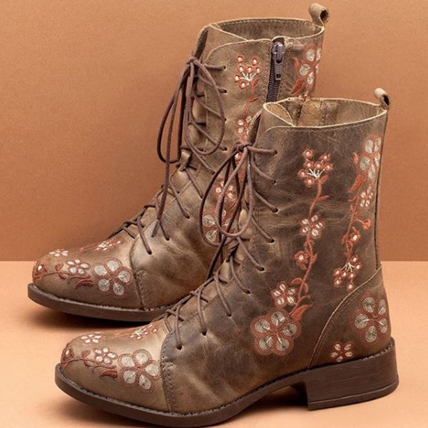 Bottes Mi-mollet À Fleurs Rétro Pour Femmes