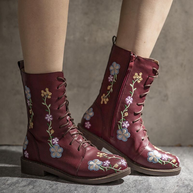 Bottes Mi-mollet À Fleurs Rétro Pour Femmes