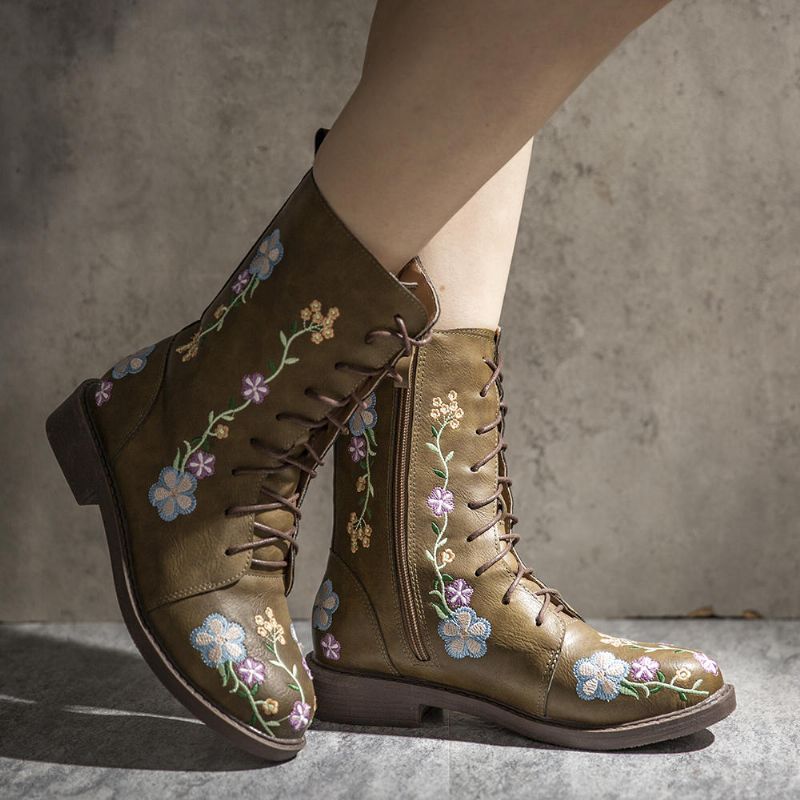 Bottes Mi-mollet À Fleurs Rétro Pour Femmes